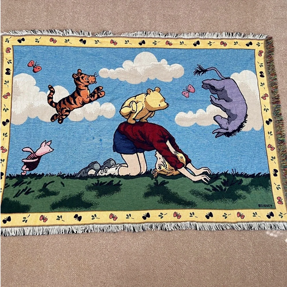 Vintage‎ Disney Classic Pooh Woven Tapestry Throw Blanket Christopher Robin USA